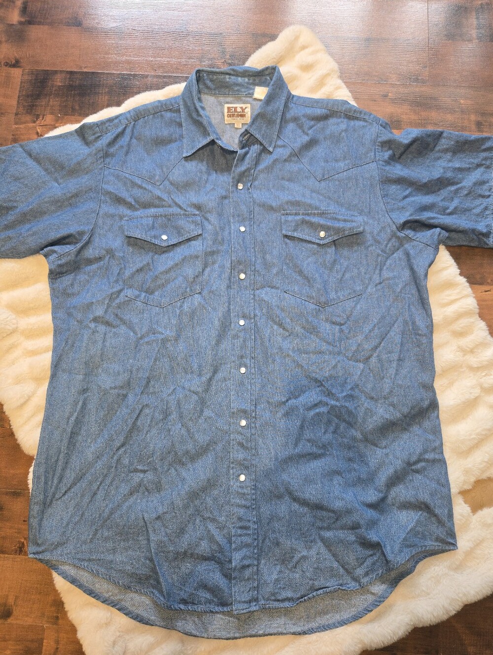 Ely Cattleman [Mens XL] Short Sleeve Western Denim Shirt Pearl Snap Vintage